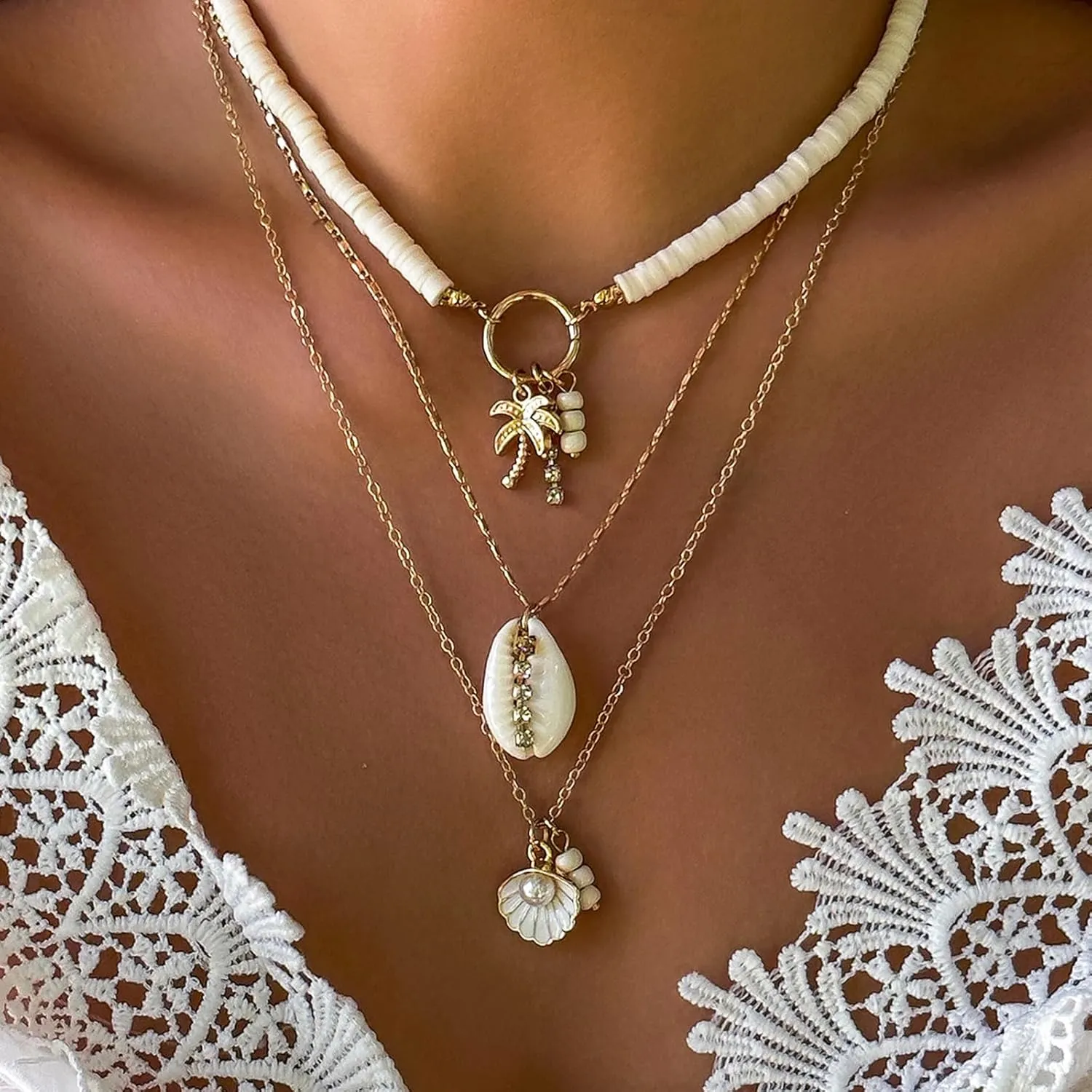 Dcfywl731 Seashell Necklace for Women Gold Shell Necklaces Layered Starfish Charm Necklace Beach Jewelry for Women Summer Outfits Accessories Gifts