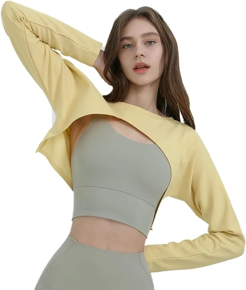 Deviwear Pilates Unbalanced Bolero Active Long Sleeve Coverup Tshirt Yoga Gymwear ecofriendly Fabric Cropped Top DEVI-T0088