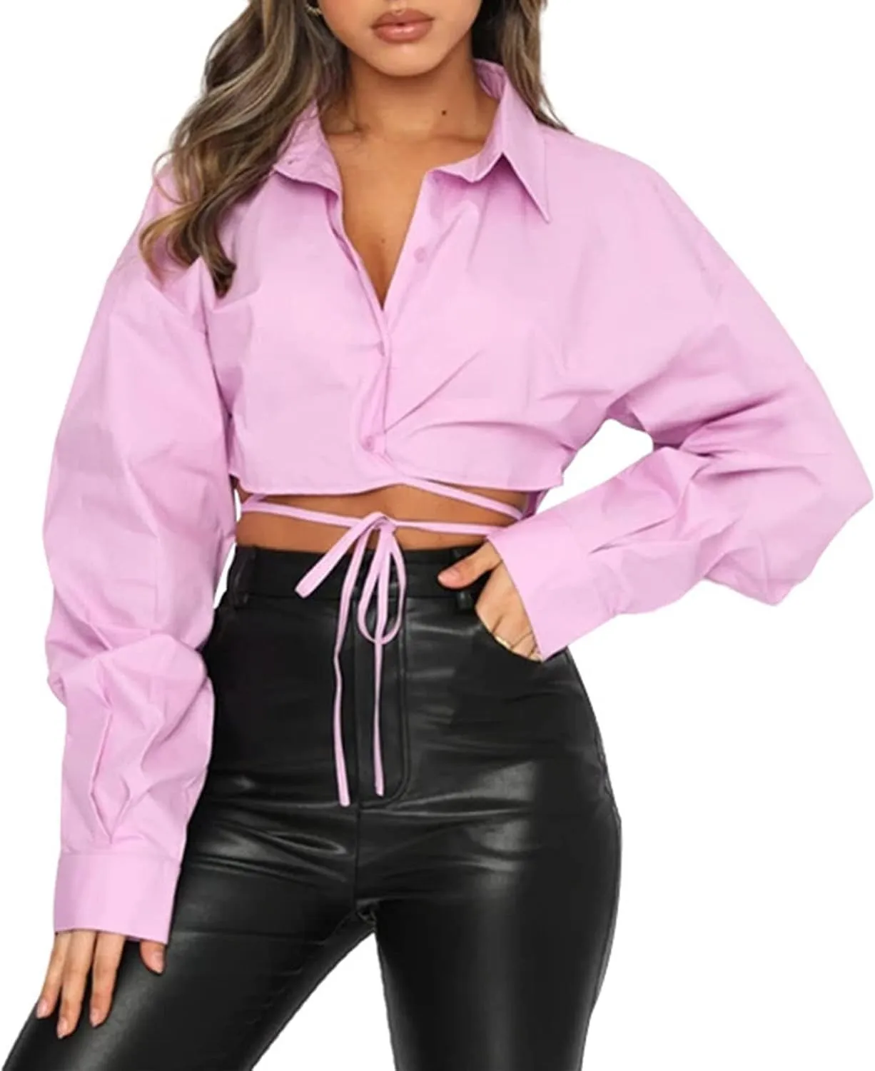 DGHM-JLMY Ladies Strap Lapel Casual Fashion Crop Shirt Casual Button Shirts Crop Loose Sexy Solid Single-Breasted Crop Shirt