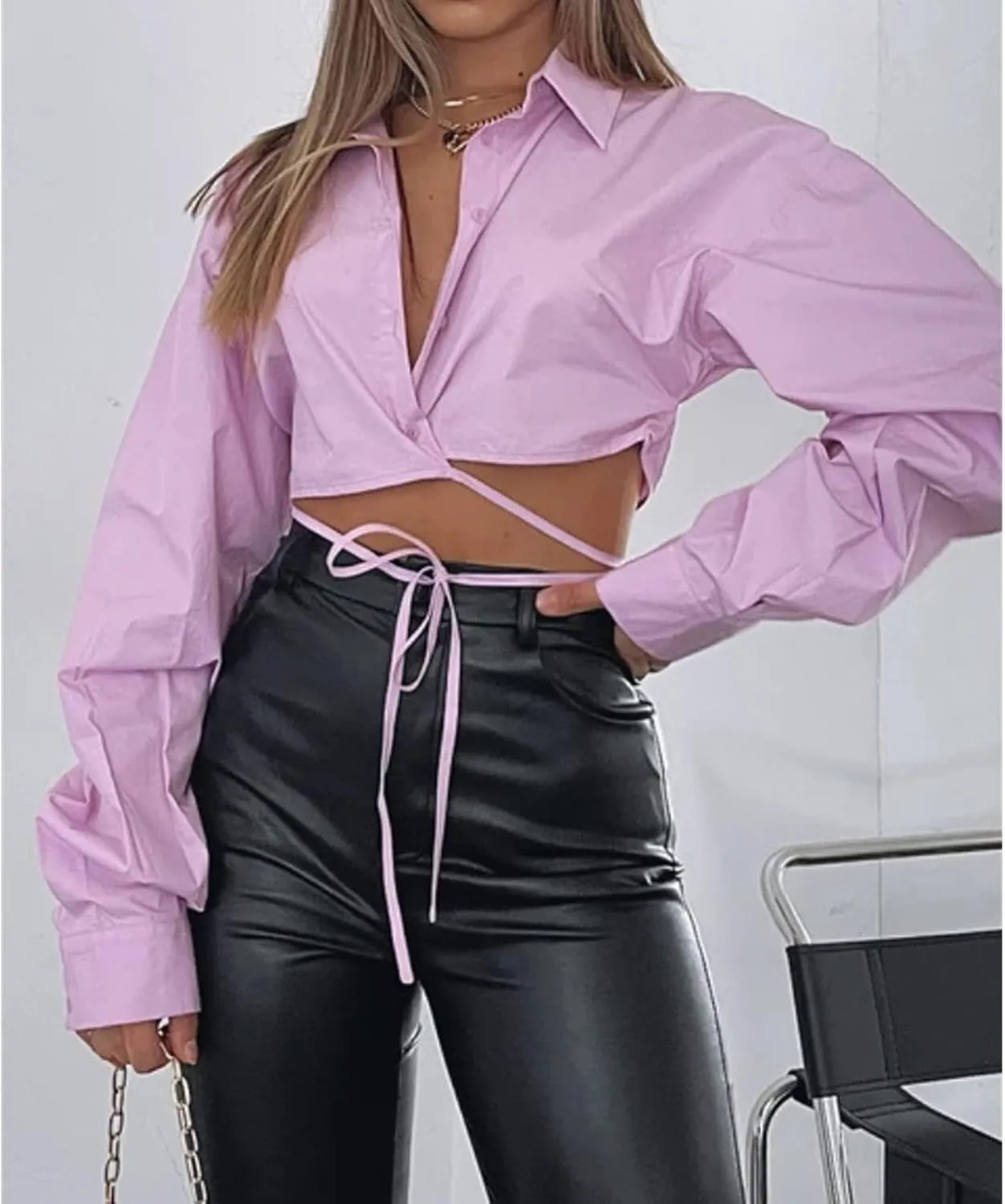 DGHM-JLMY Ladies Strap Lapel Casual Fashion Crop Shirt Casual Button Shirts Crop Loose Sexy Solid Single-Breasted Crop Shirt