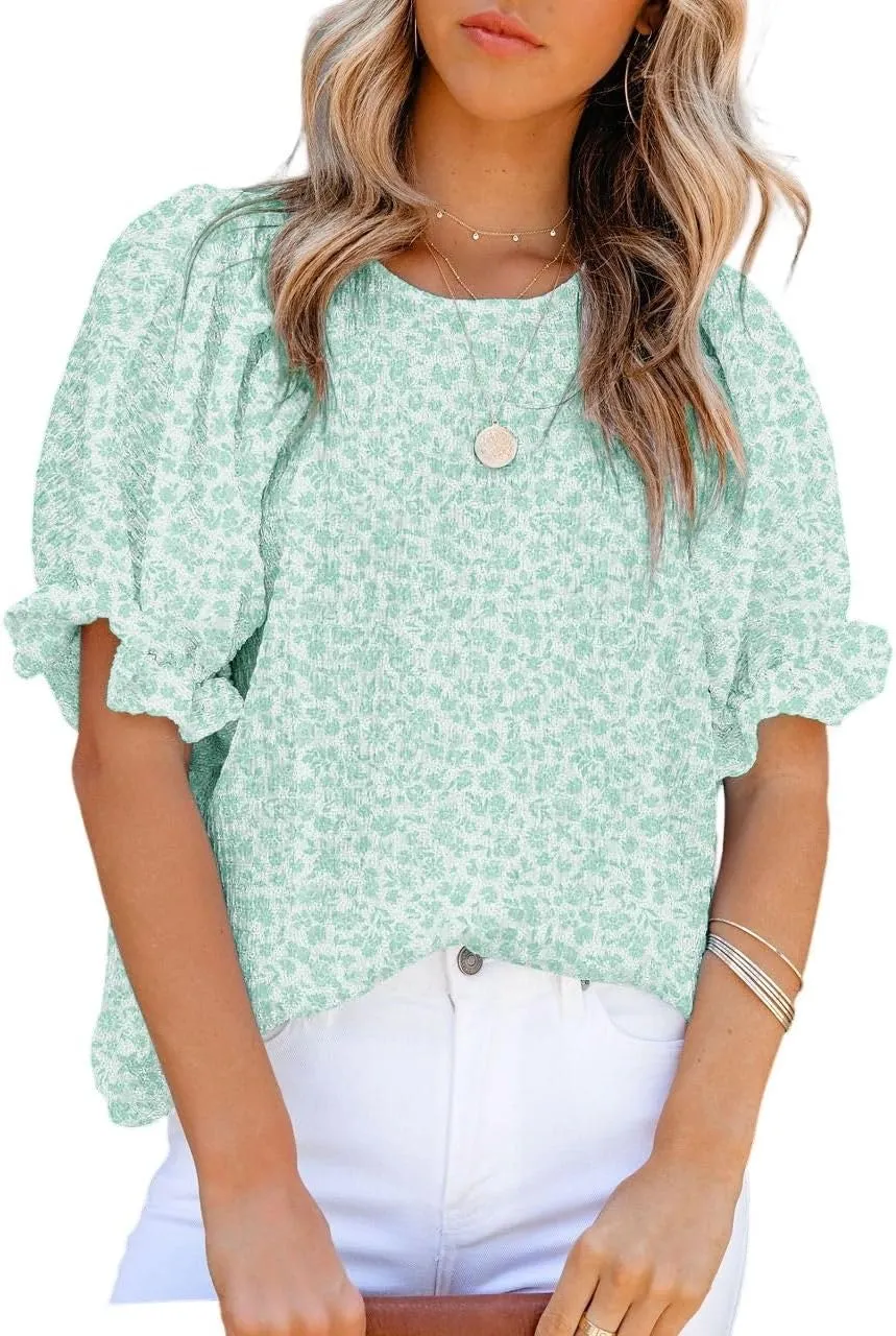 Dokotoo Floral Print Blouses for Women Crewneck Smocked Puff Sleeve Shirts Casual Babydoll Tops