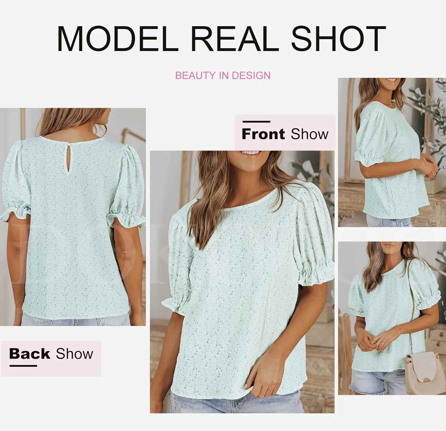 Dokotoo Floral Print Blouses for Women Crewneck Smocked Puff Sleeve Shirts Casual Babydoll Tops
