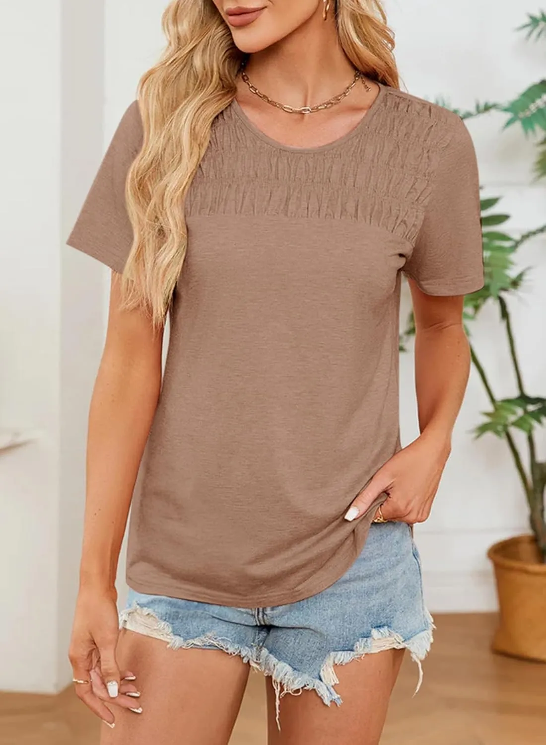 Dokotoo Women's Short Sleeve Tops Casual Summer Lightweight Crewneck Solid Color Basic Loose T Shirts Blouses