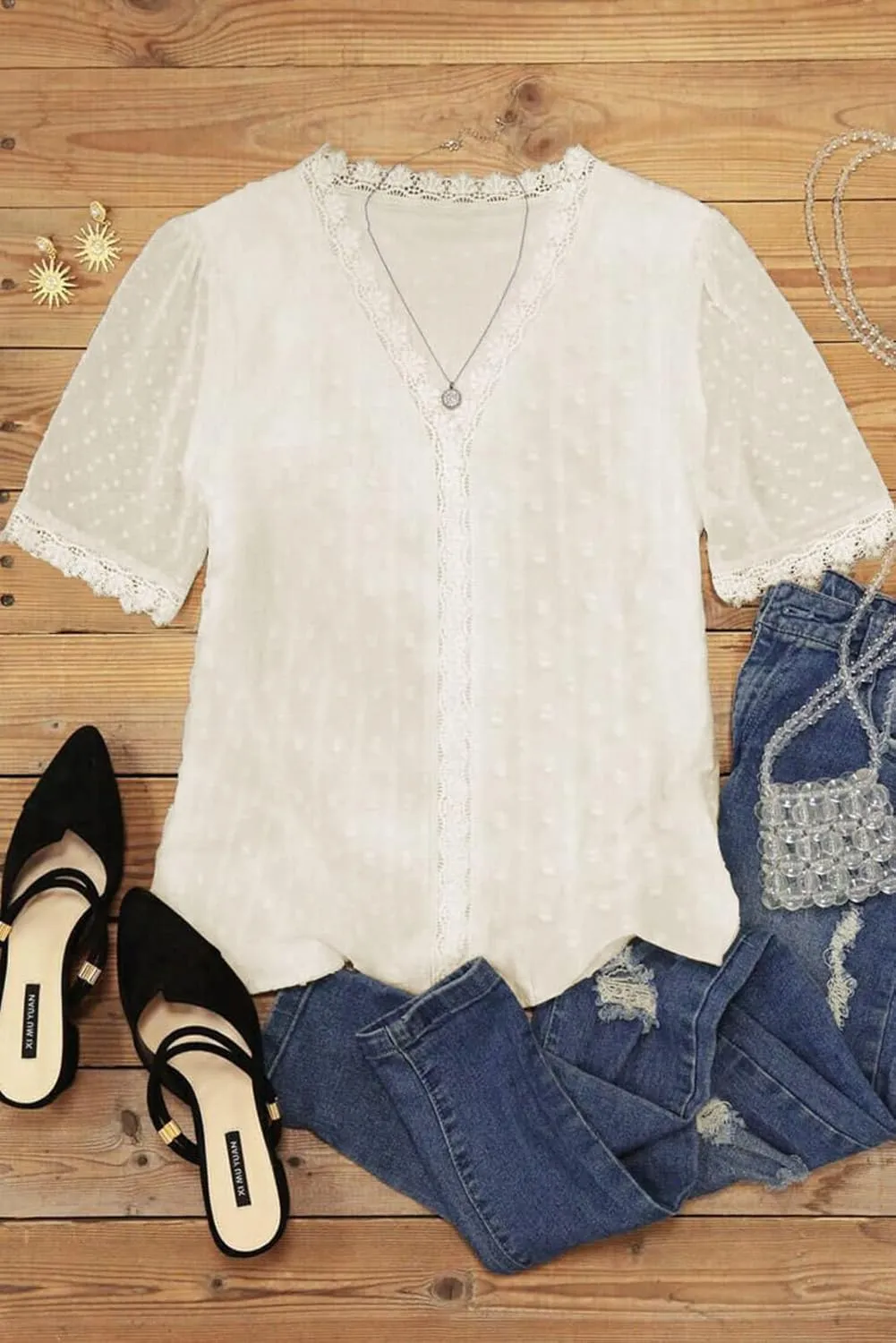 Dokotoo Women's V Neck Lace Crochet Tunic Tops Flowy Casual Blouses Shirts