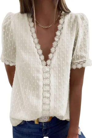 Dokotoo Women's V Neck Lace Crochet Tunic Tops Flowy Casual Blouses Shirts