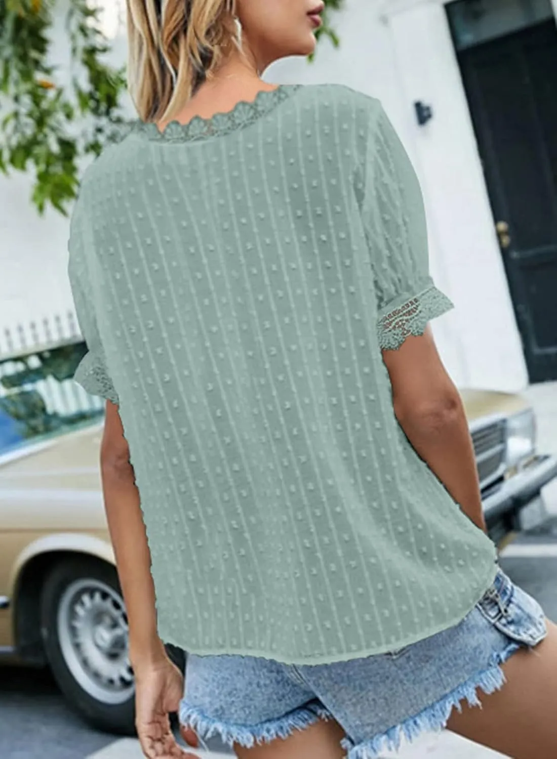 Dokotoo Women's V Neck Lace Crochet Tunic Tops Flowy Casual Blouses Shirts