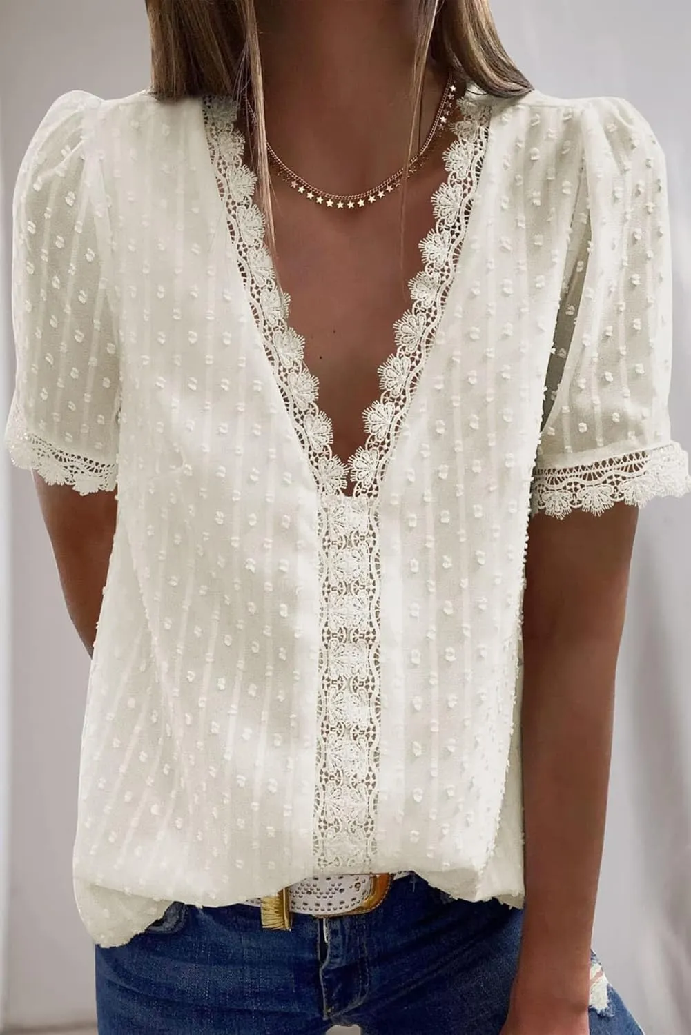 Dokotoo Women's V Neck Lace Crochet Tunic Tops Flowy Casual Blouses Shirts