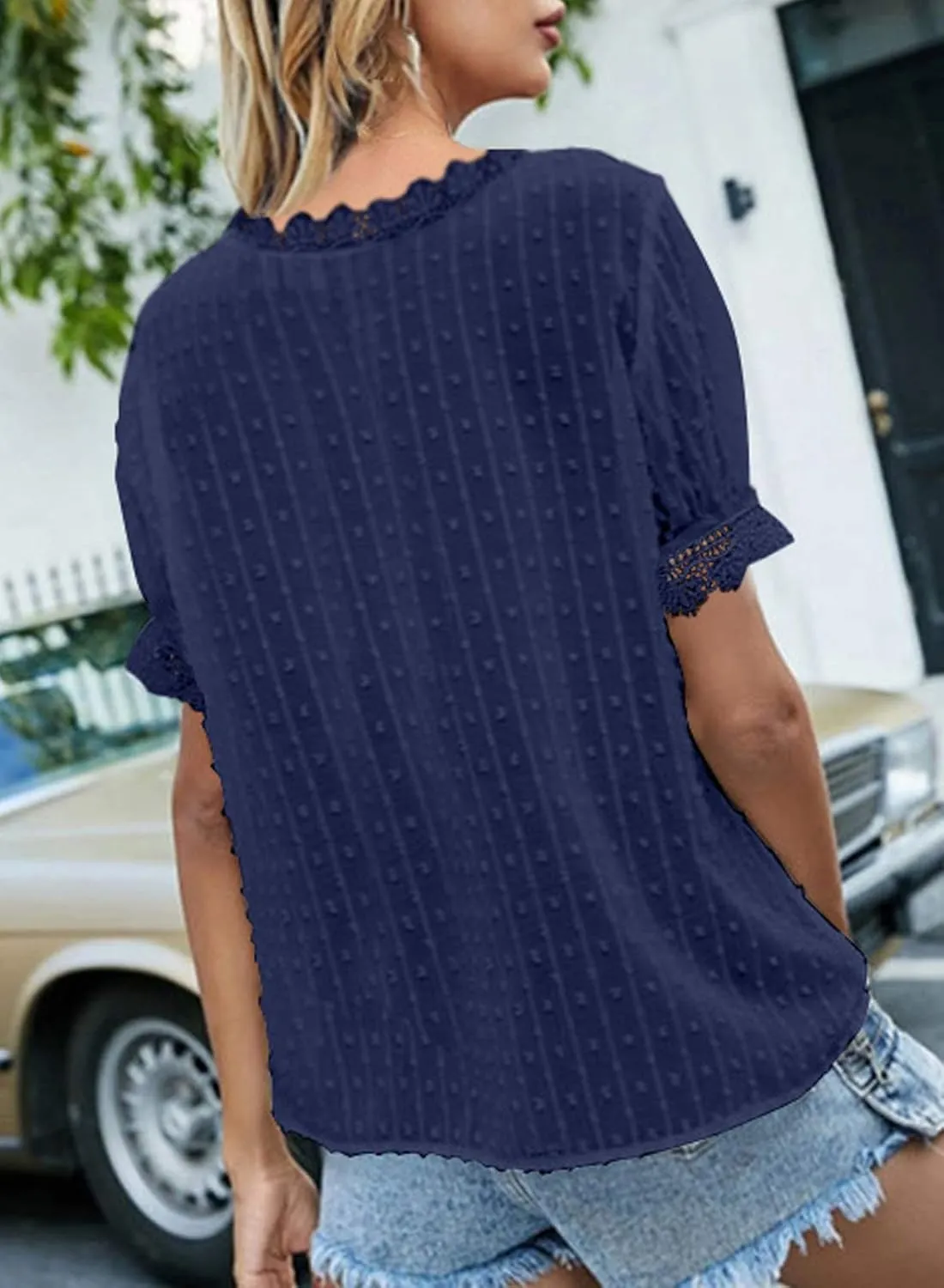 Dokotoo Women's V Neck Lace Crochet Tunic Tops Flowy Casual Blouses Shirts