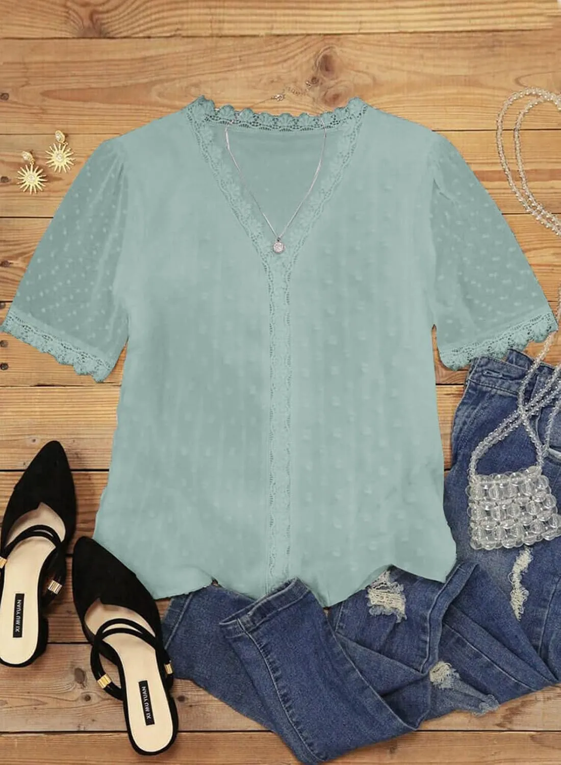 Dokotoo Women's V Neck Lace Crochet Tunic Tops Flowy Casual Blouses Shirts