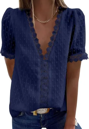 Dokotoo Women's V Neck Lace Crochet Tunic Tops Flowy Casual Blouses Shirts