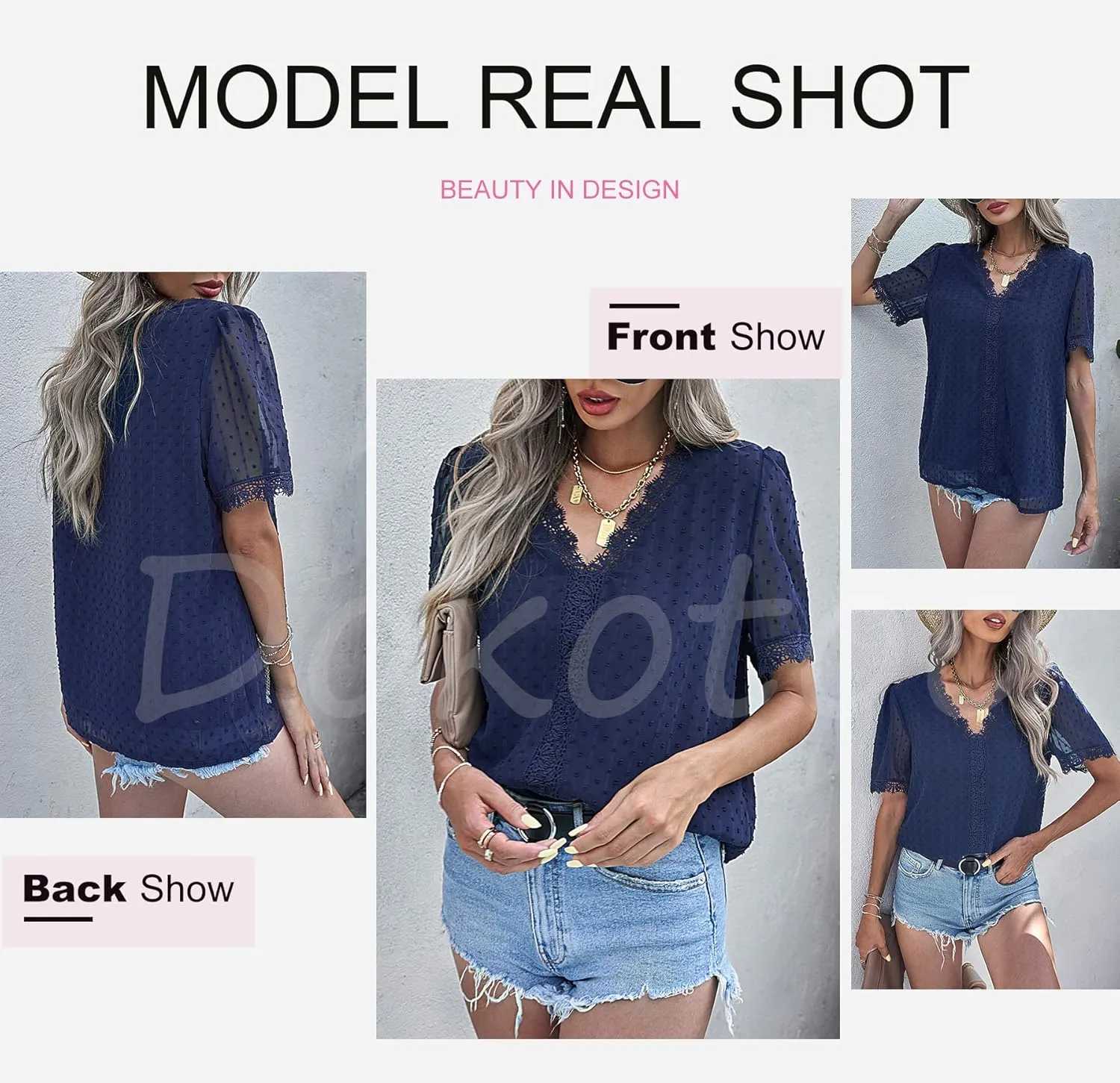 Dokotoo Women's V Neck Lace Crochet Tunic Tops Flowy Casual Blouses Shirts