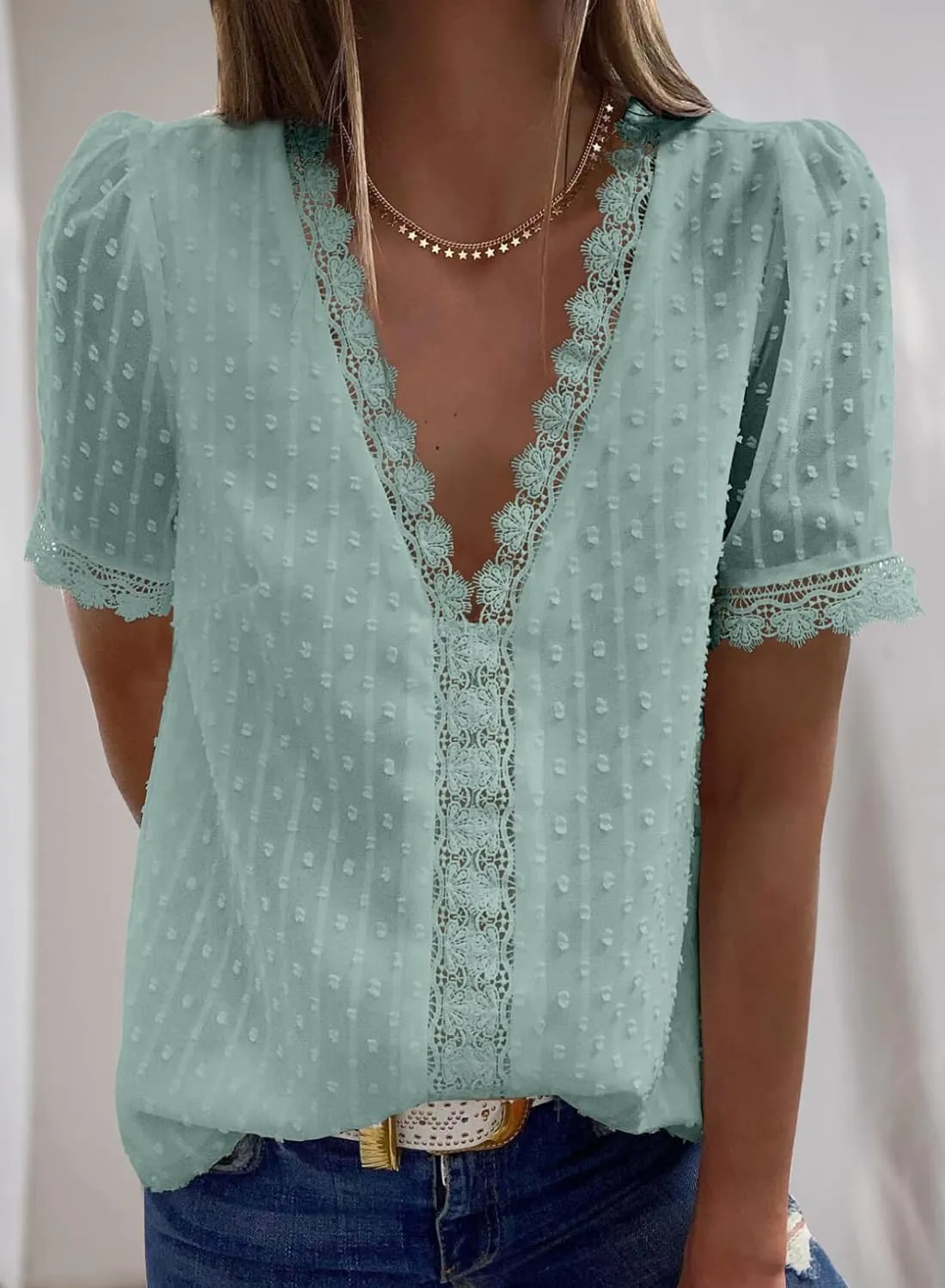 Dokotoo Women's V Neck Lace Crochet Tunic Tops Flowy Casual Blouses Shirts