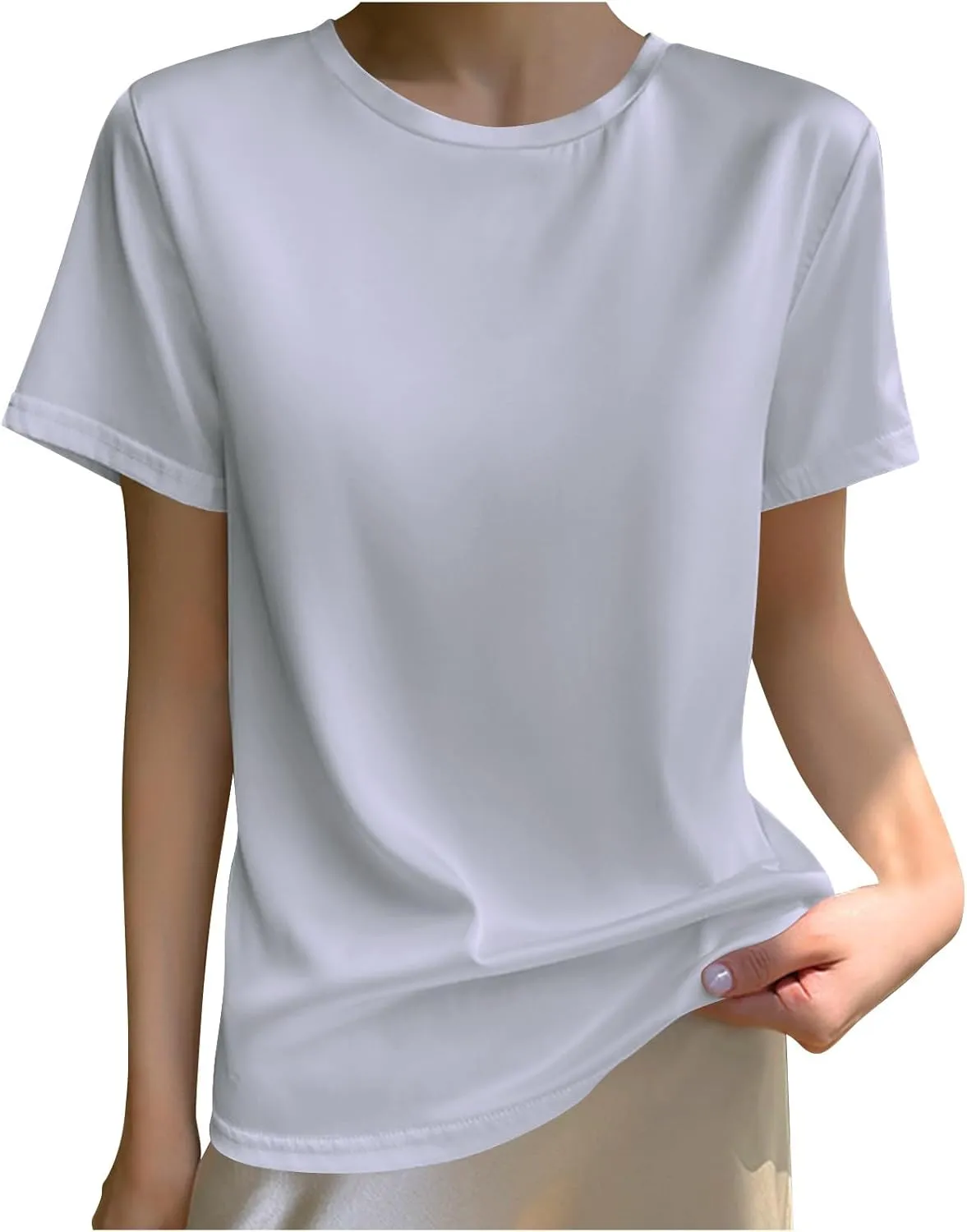Draping Silk Smooth Satin Tops for Women Crewneck Short Sleeve Tee Basic T-Shirt Dressy Business Office Work Blouse