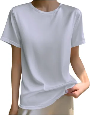 Draping Silk Smooth Satin Tops for Women Crewneck Short Sleeve Tee Basic T-Shirt Dressy Business Office Work Blouse