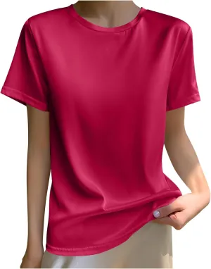 Draping Silk Smooth Satin Tops for Women Crewneck Short Sleeve Tee Basic T-Shirt Dressy Business Office Work Blouse