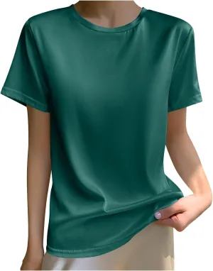 Draping Silk Smooth Satin Tops for Women Crewneck Short Sleeve Tee Basic T-Shirt Dressy Business Office Work Blouse