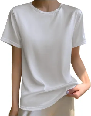 Draping Silk Smooth Satin Tops for Women Crewneck Short Sleeve Tee Basic T-Shirt Dressy Business Office Work Blouse