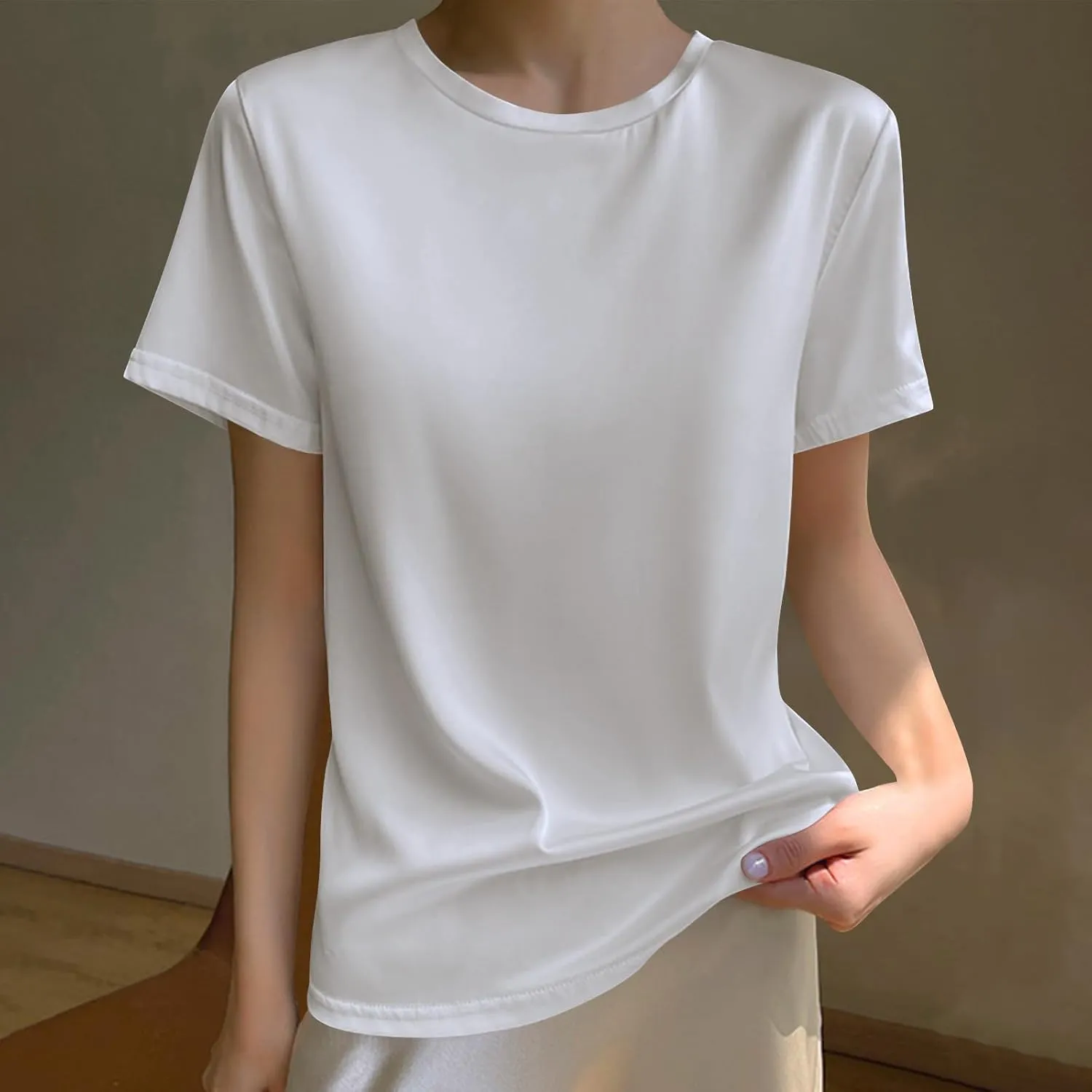 Draping Silk Smooth Satin Tops for Women Crewneck Short Sleeve Tee Basic T-Shirt Dressy Business Office Work Blouse