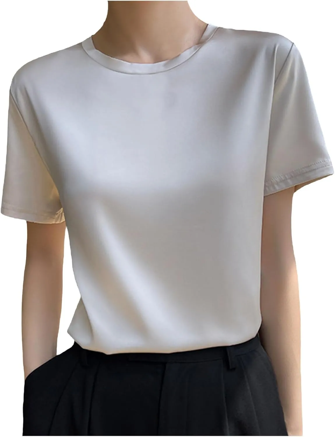 Draping Silk Smooth Satin Tops for Women Crewneck Short Sleeve Tee Basic T-Shirt Dressy Business Office Work Blouse