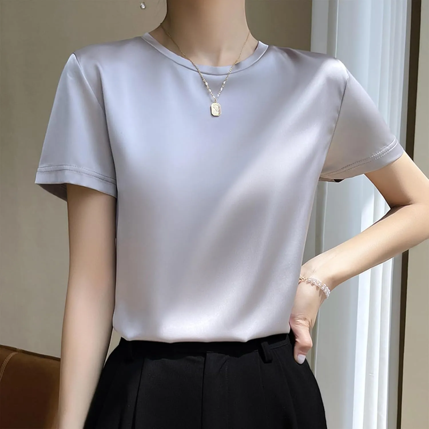 Draping Silk Smooth Satin Tops for Women Crewneck Short Sleeve Tee Basic T-Shirt Dressy Business Office Work Blouse