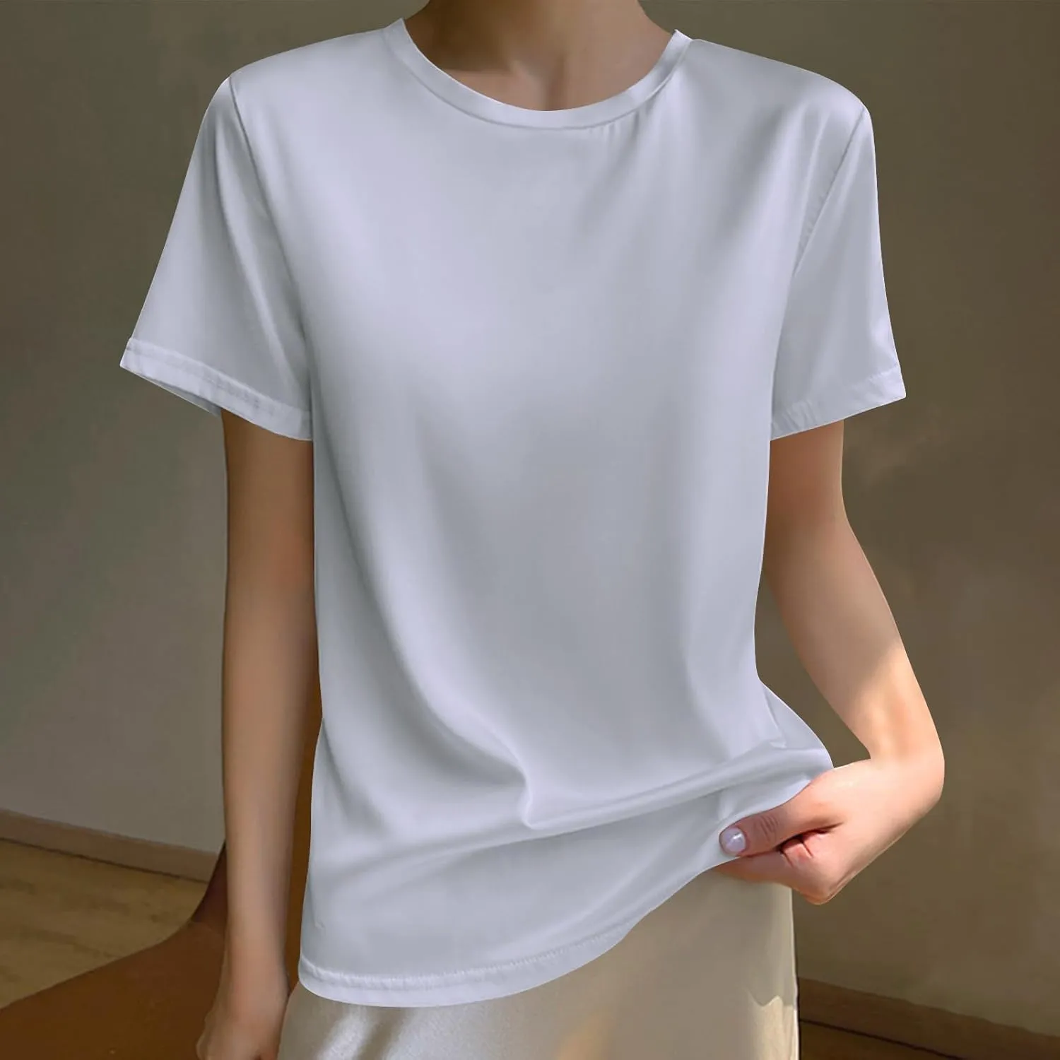 Draping Silk Smooth Satin Tops for Women Crewneck Short Sleeve Tee Basic T-Shirt Dressy Business Office Work Blouse