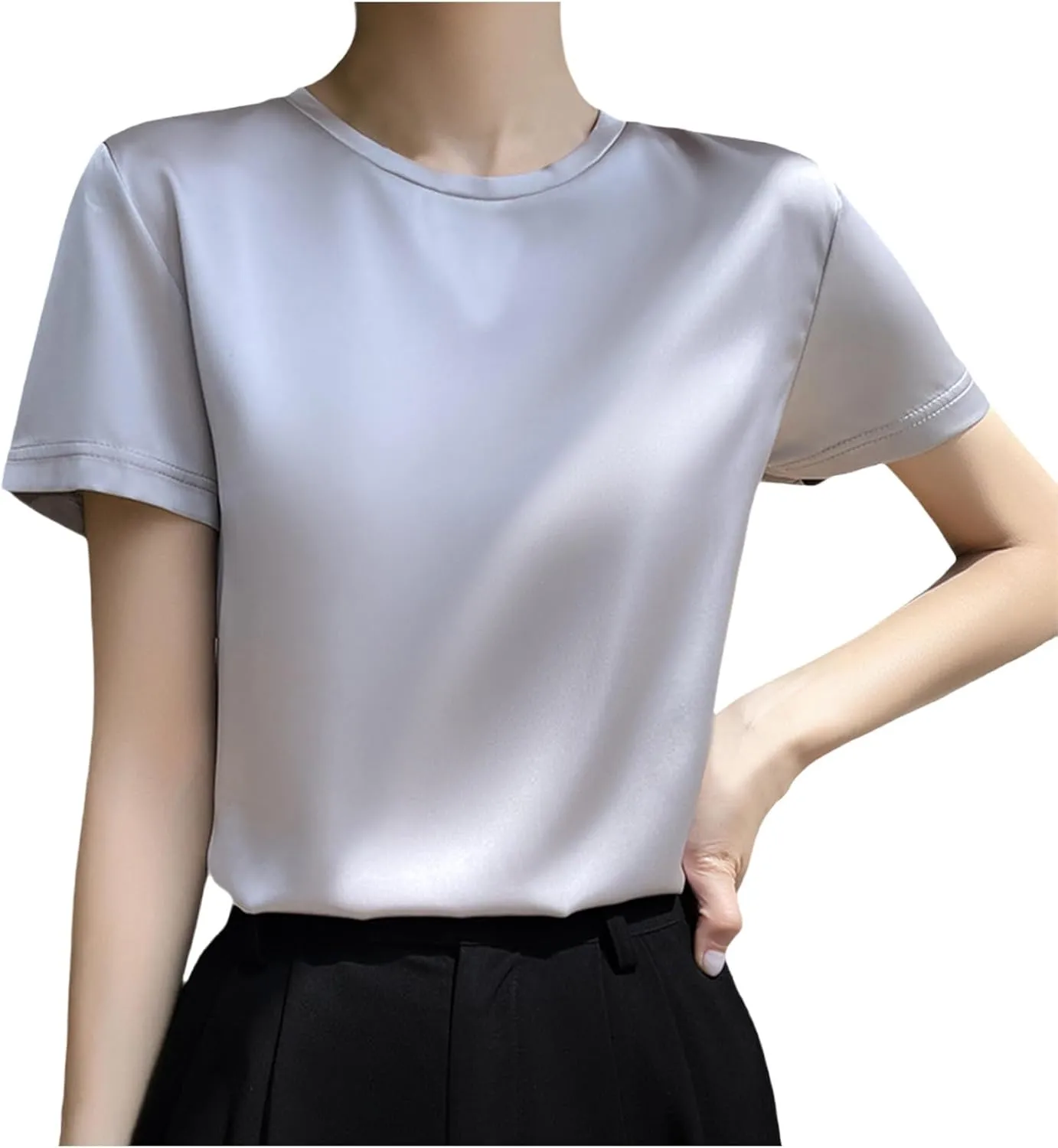 Draping Silk Smooth Satin Tops for Women Crewneck Short Sleeve Tee Basic T-Shirt Dressy Business Office Work Blouse