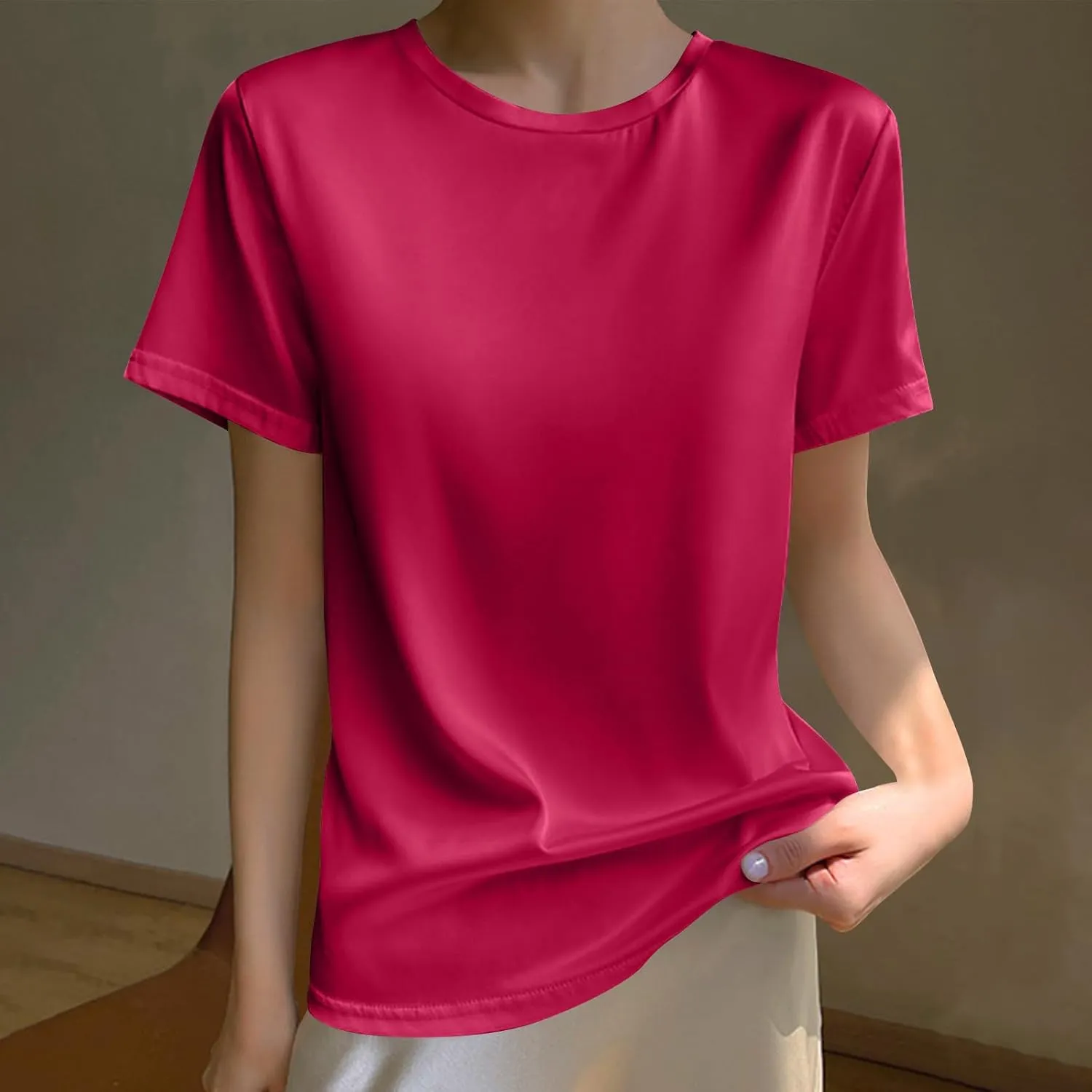 Draping Silk Smooth Satin Tops for Women Crewneck Short Sleeve Tee Basic T-Shirt Dressy Business Office Work Blouse