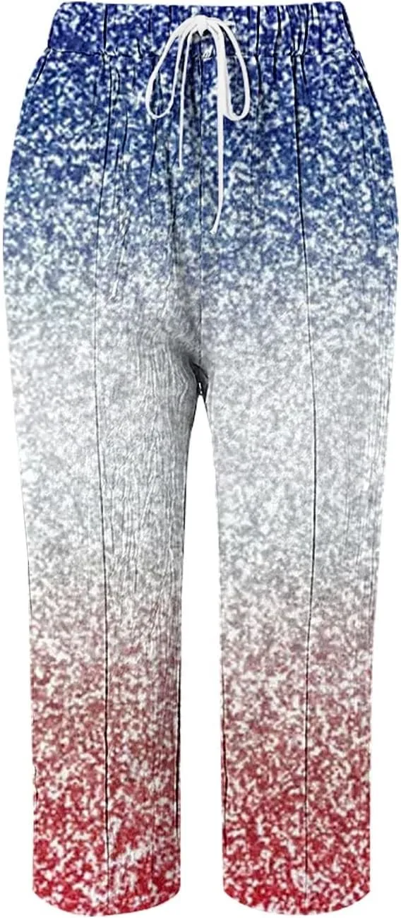Drawstring Linen Pants Women 2025 Independence Day American Flag Print Family Print Pants Capri Pants 2025 Pants