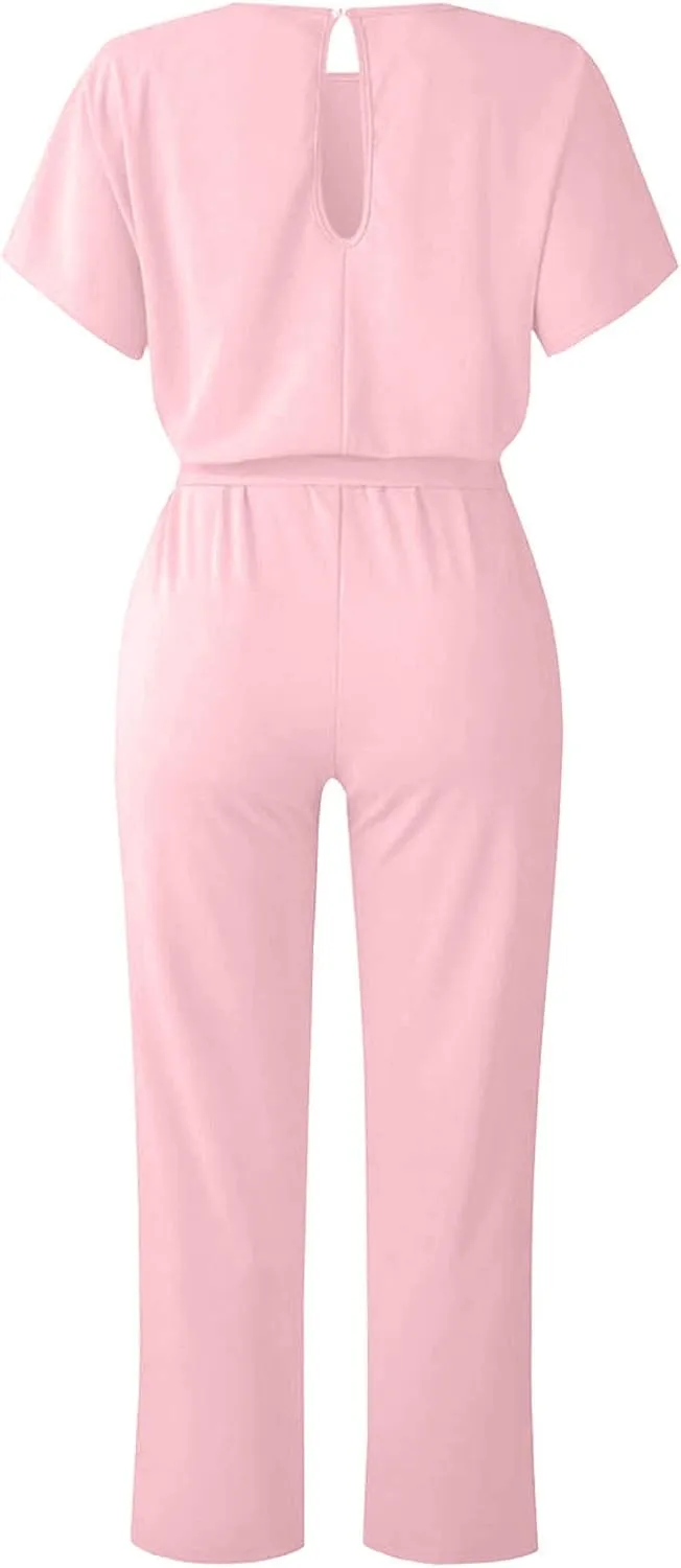 Dressy Jumpsuits for Women Elegant Jumpsuit Casual Romper Long Pants Belted Jumpsuit Short Sleeve One Piece Jumpsuit