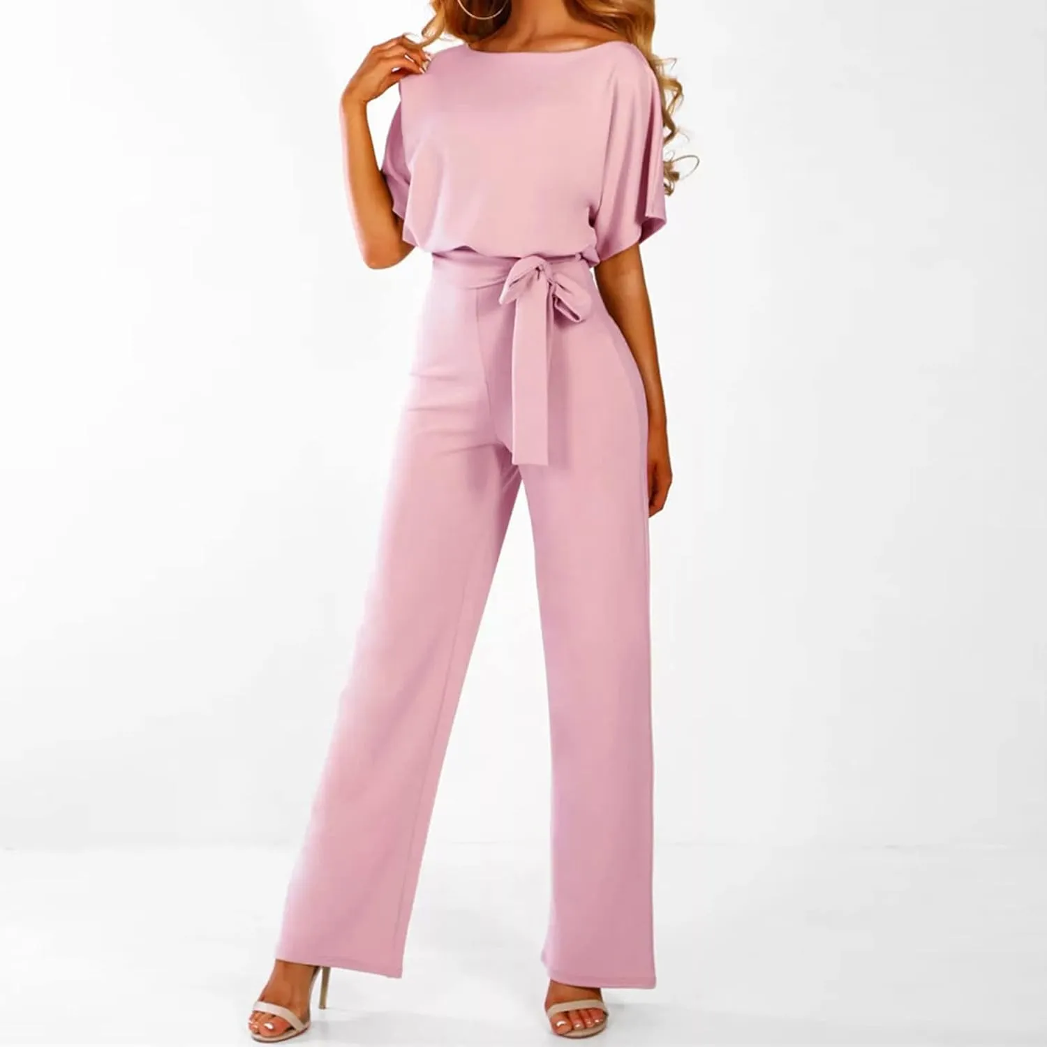 Dressy Jumpsuits for Women Elegant Jumpsuit Casual Romper Long Pants Belted Jumpsuit Short Sleeve One Piece Jumpsuit