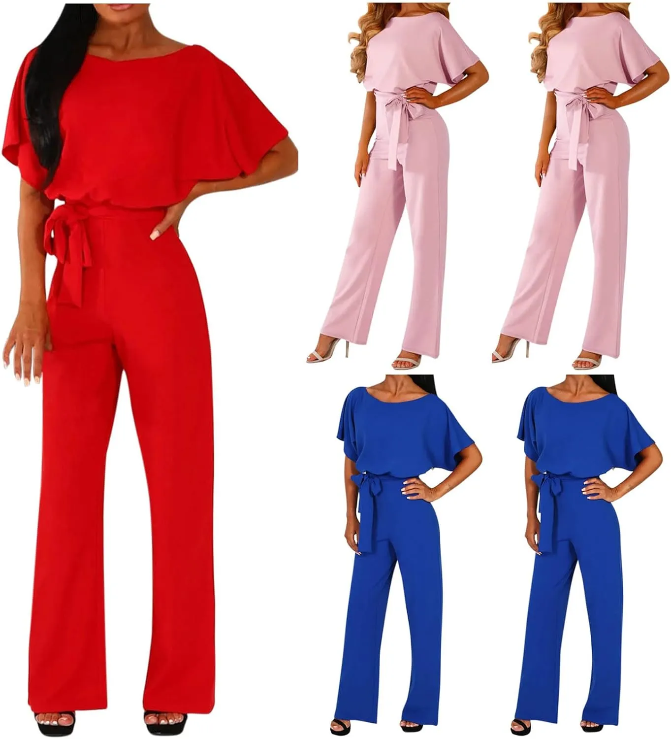 Dressy Jumpsuits for Women Elegant Jumpsuit Casual Romper Long Pants Belted Jumpsuit Short Sleeve One Piece Jumpsuit