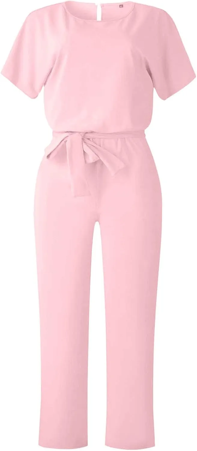 Dressy Jumpsuits for Women Elegant Jumpsuit Casual Romper Long Pants Belted Jumpsuit Short Sleeve One Piece Jumpsuit