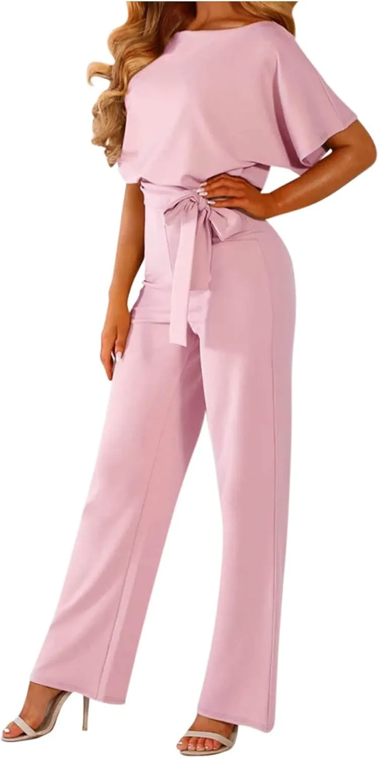 Dressy Jumpsuits for Women Elegant Jumpsuit Casual Romper Long Pants Belted Jumpsuit Short Sleeve One Piece Jumpsuit
