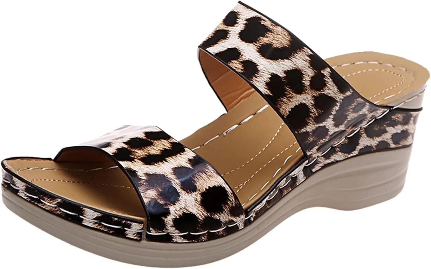 Eduavar Sandals for Women Dressy Summer, Womens Sandals Leopard Print Sandals Breathable Peep Toe Slip On Wedge Sandals Shoes