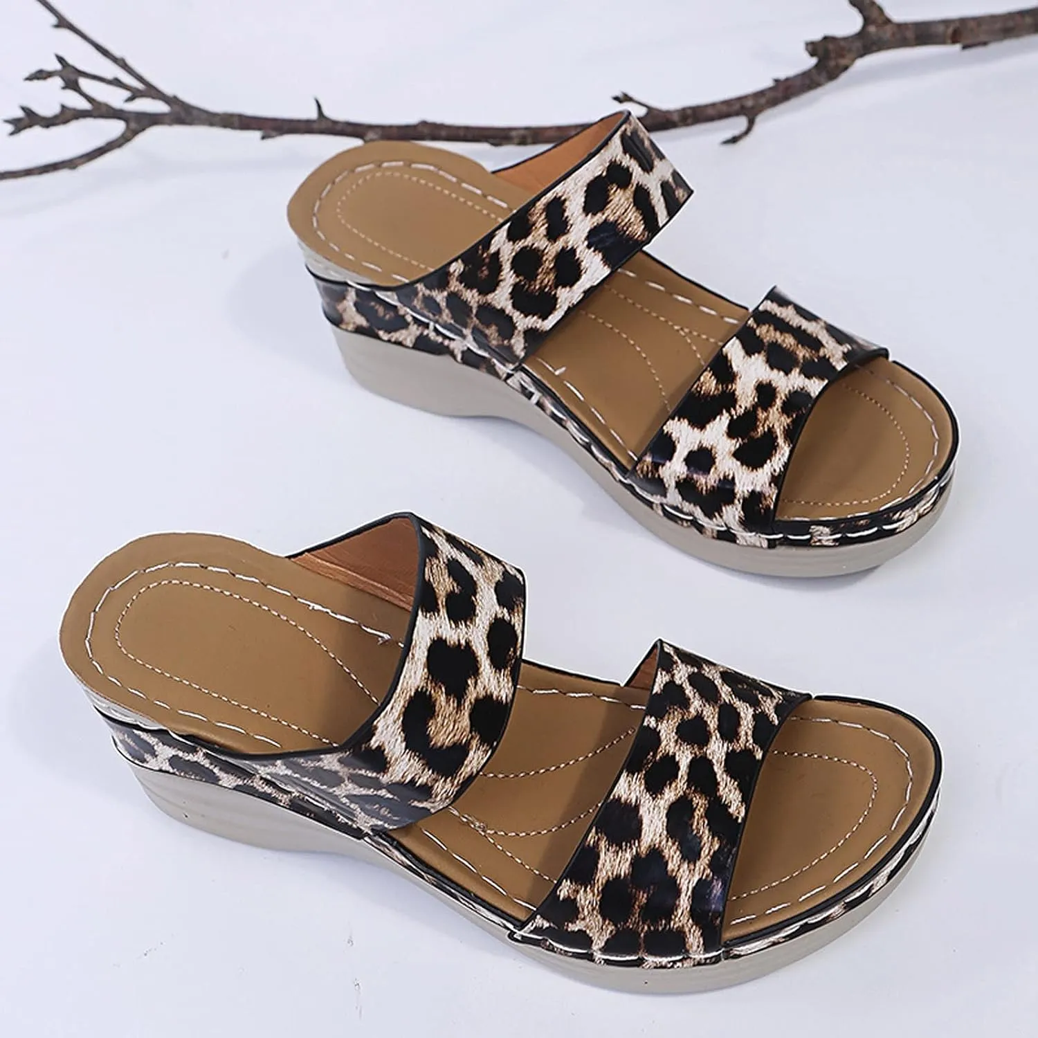 Eduavar Sandals for Women Dressy Summer, Womens Sandals Leopard Print Sandals Breathable Peep Toe Slip On Wedge Sandals Shoes