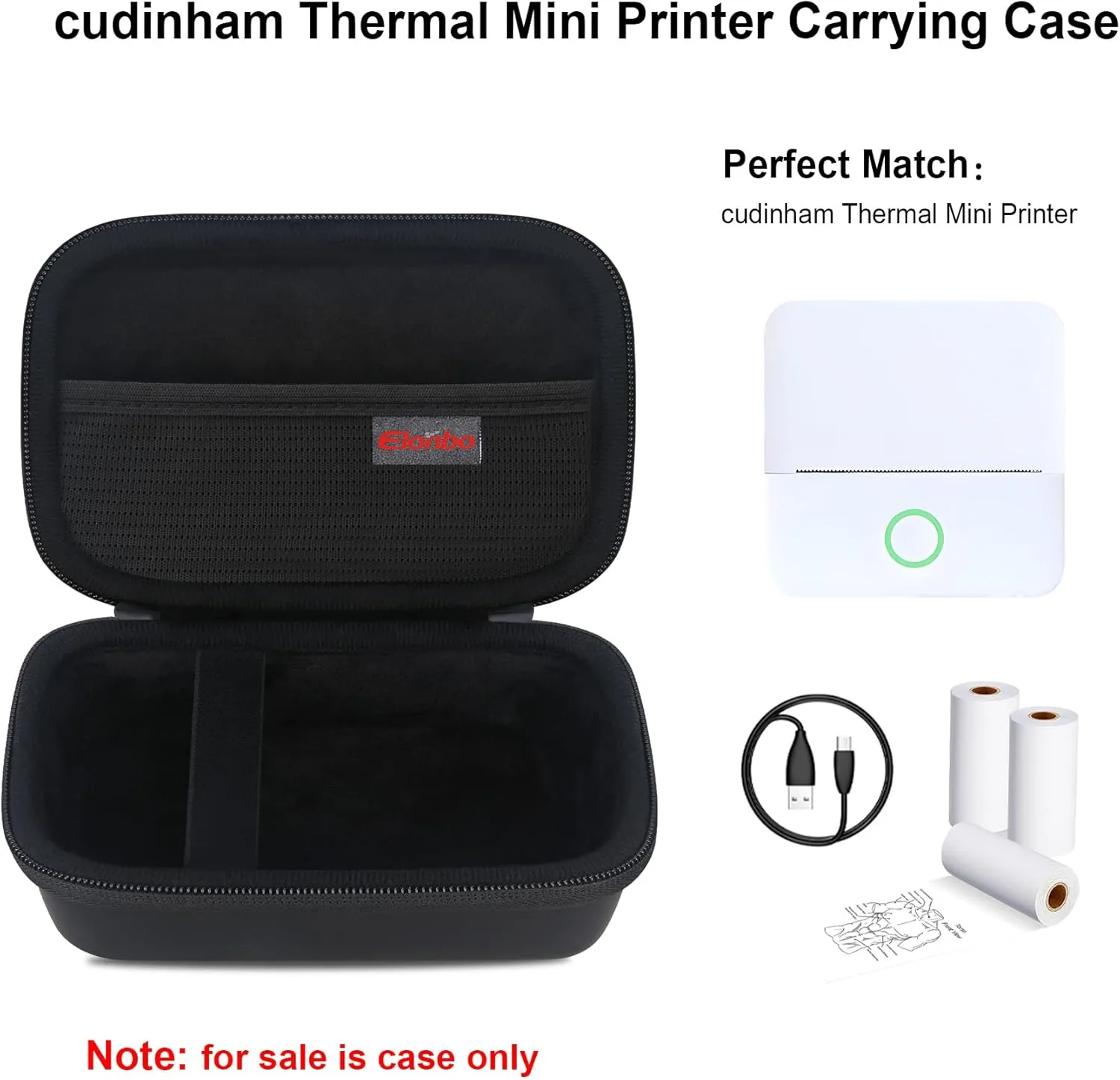 Elonbo Carrying Case for cudinham Thermal Mini Printer, Portable Inkless Sticker Maker Travel Bag, Wireless Bluetooth Label Printer Storage Holder, Mesh Pocket Fits printer paper Cable, Black