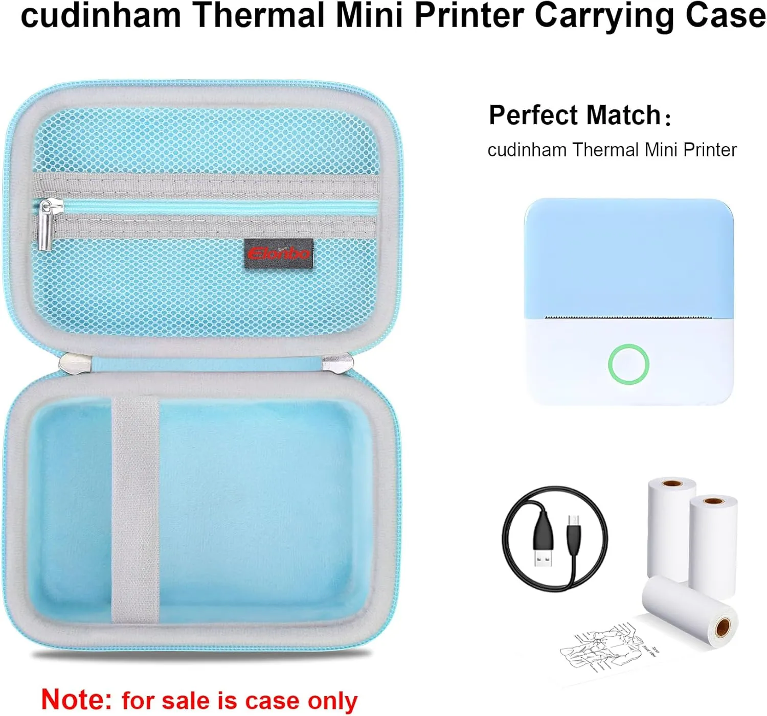 Elonbo Carrying Case for cudinham Thermal Mini Printer, Portable Inkless Sticker Maker Travel Bag, Wireless Bluetooth Label Printer Storage Holder, Mesh Pocket Fits printer paper Cable, Blue