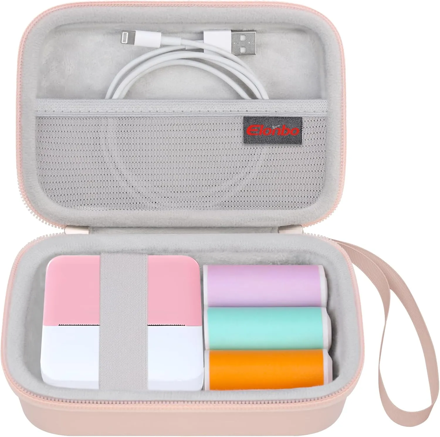Elonbo Carrying Case for cudinham Thermal Mini Printer, Portable Inkless Sticker Maker Travel Bag, Wireless Bluetooth Label Printer Storage Holder, Mesh Pocket Fits printer paper, Cable, Pink