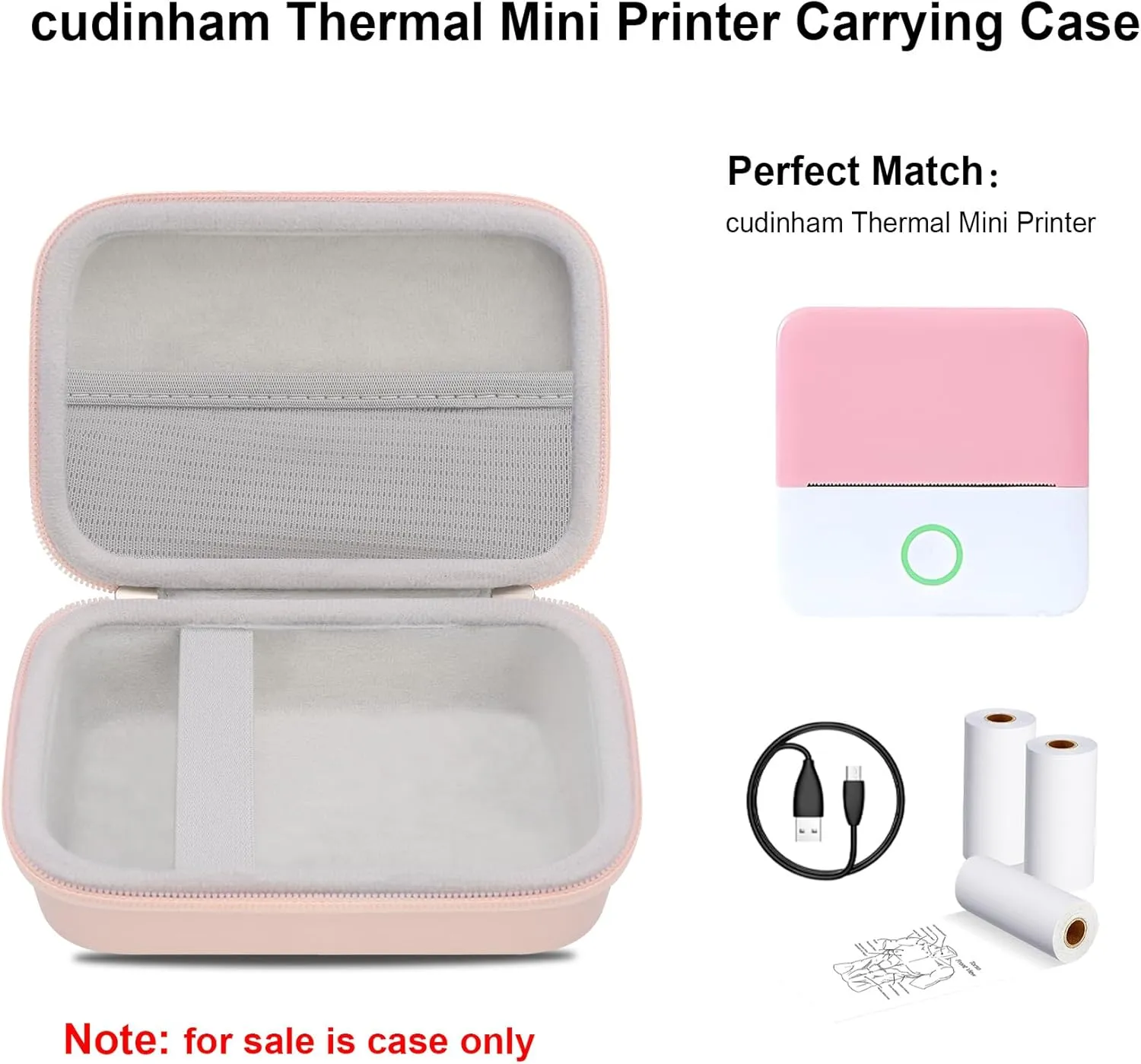 Elonbo Carrying Case for cudinham Thermal Mini Printer, Portable Inkless Sticker Maker Travel Bag, Wireless Bluetooth Label Printer Storage Holder, Mesh Pocket Fits printer paper, Cable, Pink