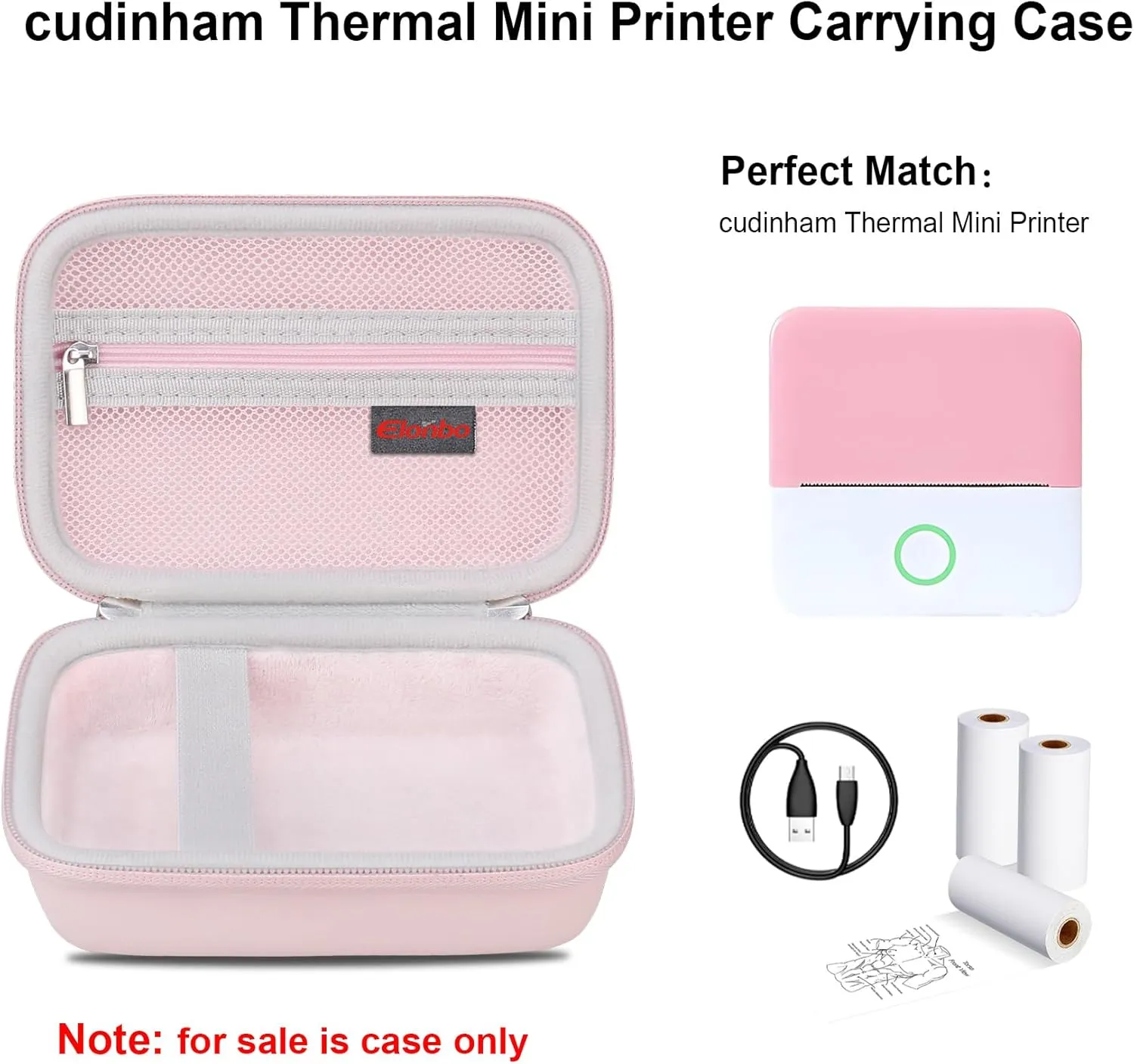 Elonbo Carrying Case for cudinham Thermal Mini Printer, Portable Inkless Sticker Maker Travel Bag, Wireless Bluetooth Label Printer Storage Holder, Mesh Pocket Fits printer paper, Cable,Pink Pink