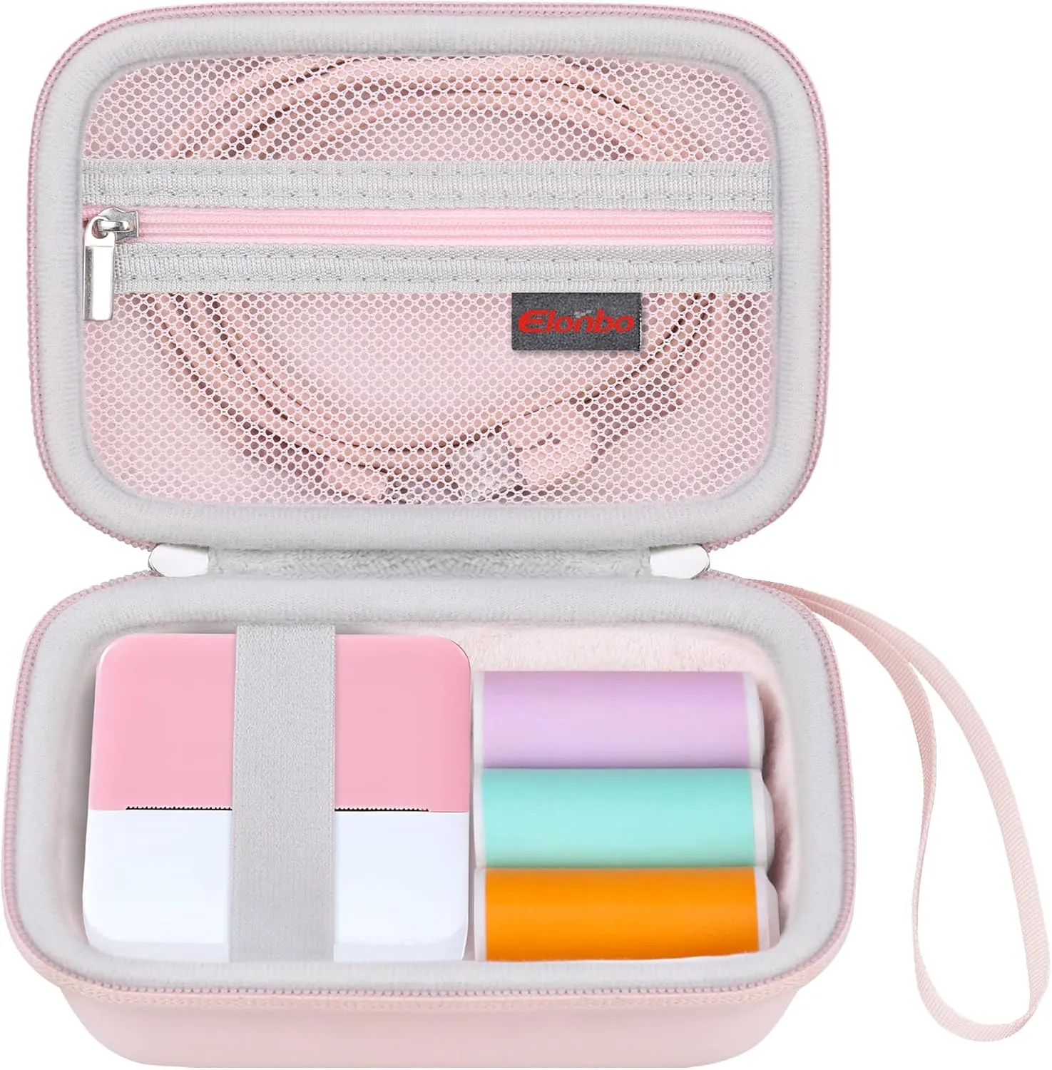 Elonbo Carrying Case for cudinham Thermal Mini Printer, Portable Inkless Sticker Maker Travel Bag, Wireless Bluetooth Label Printer Storage Holder, Mesh Pocket Fits printer paper, Cable,Pink Pink