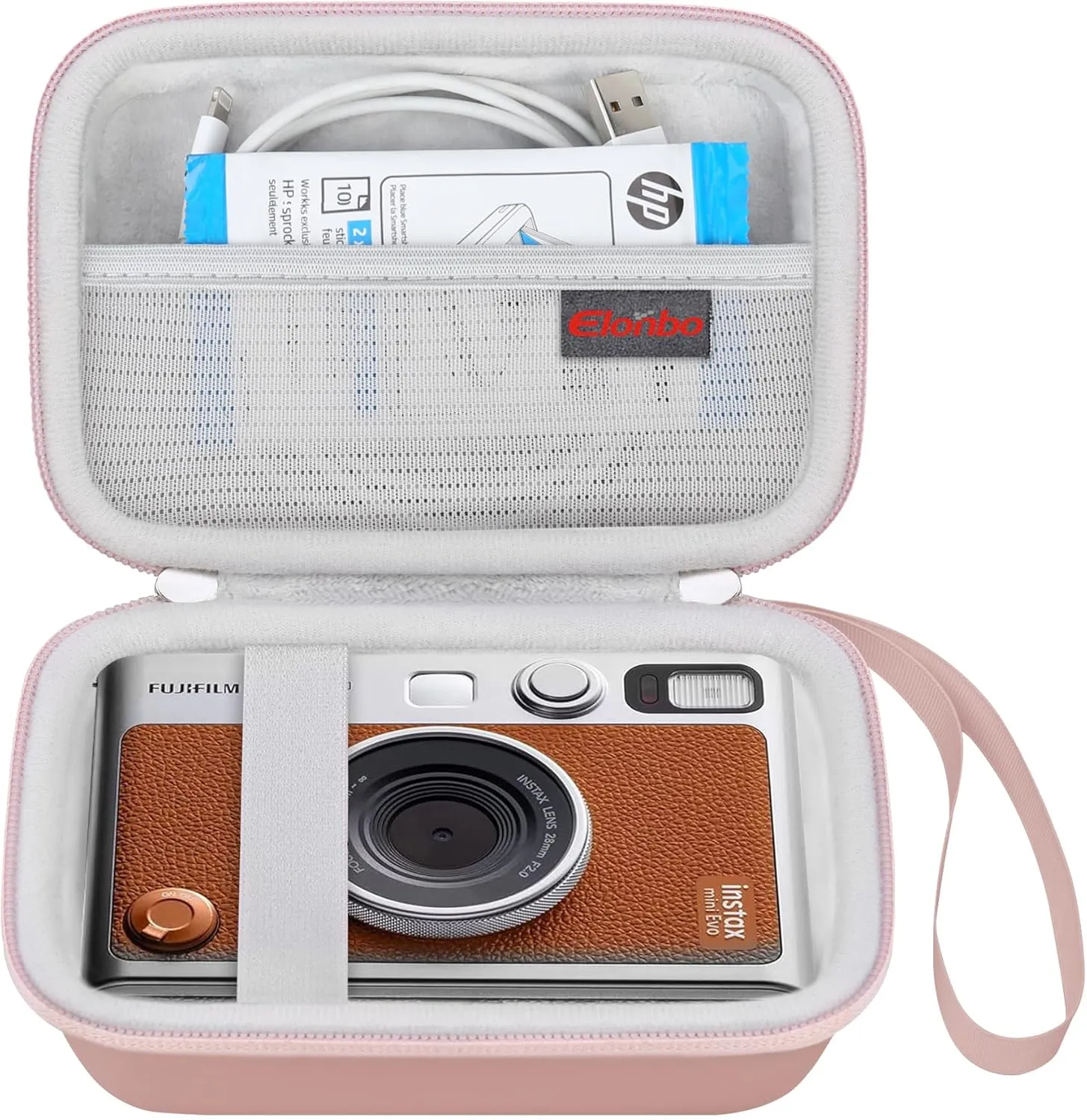 Elonbo Carrying Case for Fujifilm Instax Mini EVO Hybrid Instant Camera, Fujifilm Instax Mini EVO Camera Travel Protective Storage Holder, Portable Photo Printer Instant Print Camera Bag, Rose Gold