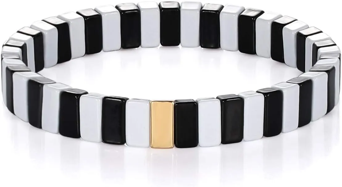 Enamel Tile Bracelets for Women Multicolored Tile Bead Stretch Bracelets Elastic Stackable Strip Colorblock Strand Bangle Bracelets Summer Party Gifts