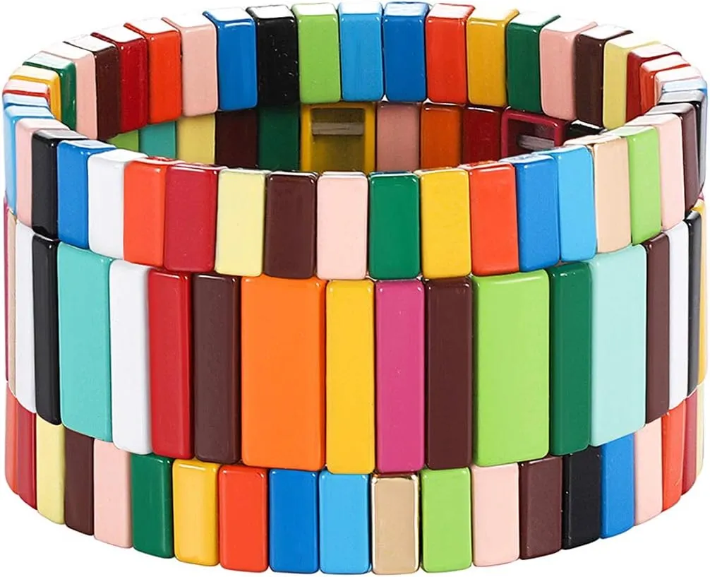 Enamel Tile Bracelets Rainbow Tile Bead Bracelet for Women Men Elastic Stackable Colorblock Strand Stretch Bracelet Set Handmade Bohemia Laying Bracelets