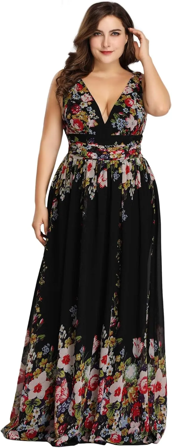 Ever-Pretty V Neck Sleeveless Pleated Chiffon Maxi Plus Size Formal Dresses for Women Bridesmaid Dresses 09016-DA