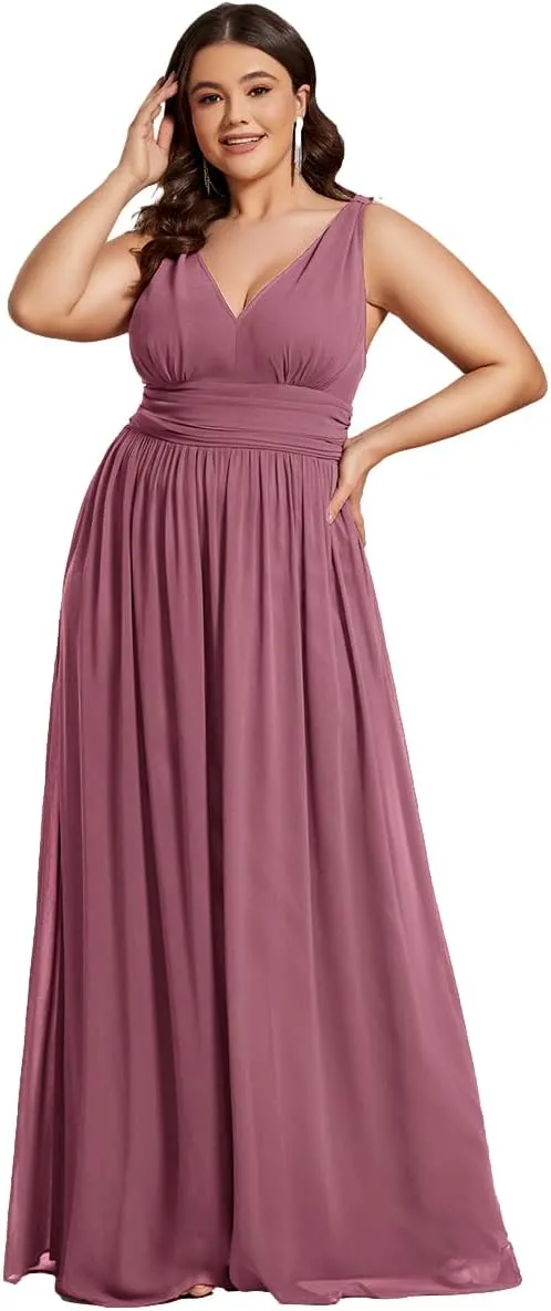 Ever-Pretty V Neck Sleeveless Pleated Chiffon Maxi Plus Size Formal Dresses for Women Bridesmaid Dresses 09016-DA