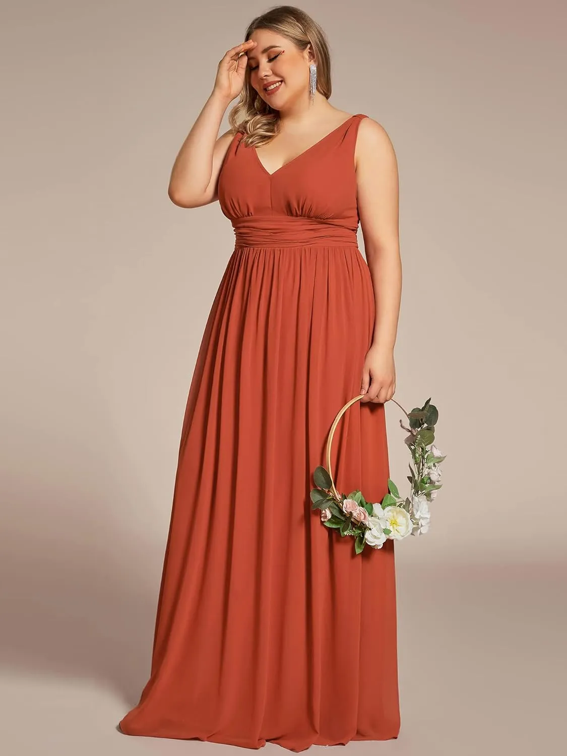 Ever-Pretty V Neck Sleeveless Pleated Chiffon Maxi Plus Size Formal Dresses for Women Bridesmaid Dresses 09016-DA