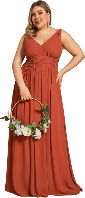 Ever-Pretty V Neck Sleeveless Pleated Chiffon Maxi Plus Size Formal Dresses for Women Bridesmaid Dresses 09016-DA