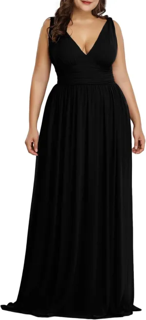 Ever-Pretty V Neck Sleeveless Pleated Chiffon Maxi Plus Size Formal Dresses for Women Bridesmaid Dresses 09016-DA