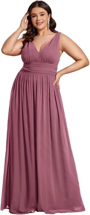 Ever-Pretty V Neck Sleeveless Pleated Chiffon Maxi Plus Size Formal Dresses for Women Bridesmaid Dresses 09016-DA